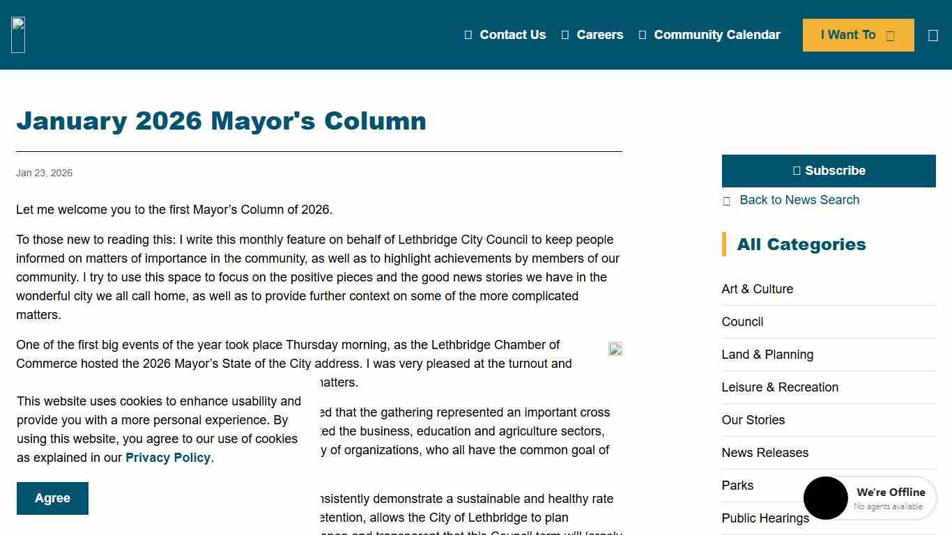 January 2026 Mayor's Column City of Lethbridge